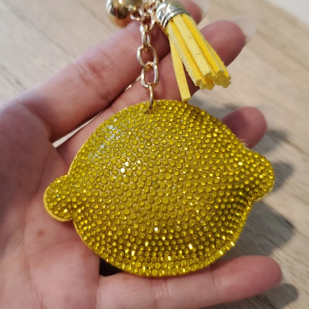 Puffy rhinestone covered lemon sunshine yellow tassel keychain NWT